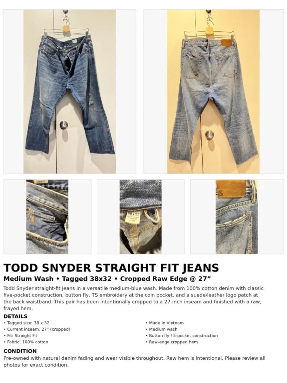 Todd Snyder Straight Fit Jeans 38x32 Medium Wash Cropped 27” Raw Hem